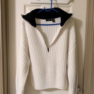 White Knit Sweater with Black Collar